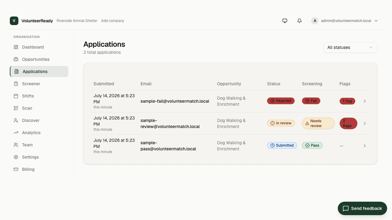 VolunteerReady application queue for an animal shelter, showing shelter-specific screening flags and role assignments